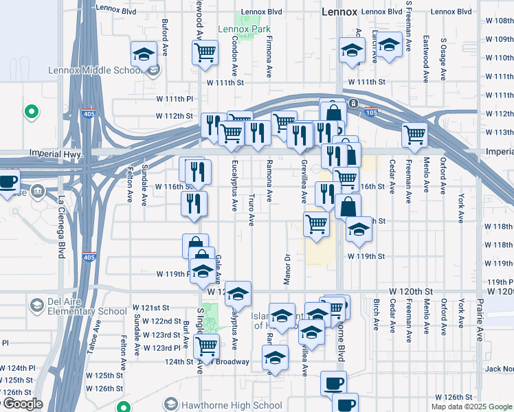 map of restaurants, bars, coffee shops, grocery stores, and more near 11704 Truro Avenue in Hawthorne