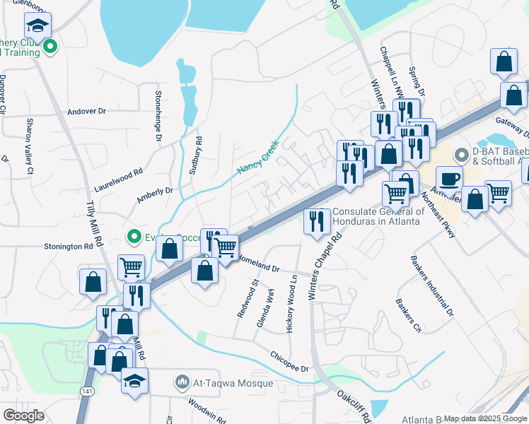map of restaurants, bars, coffee shops, grocery stores, and more near 6750 Peachtree Industrial Boulevard in Dunwoody