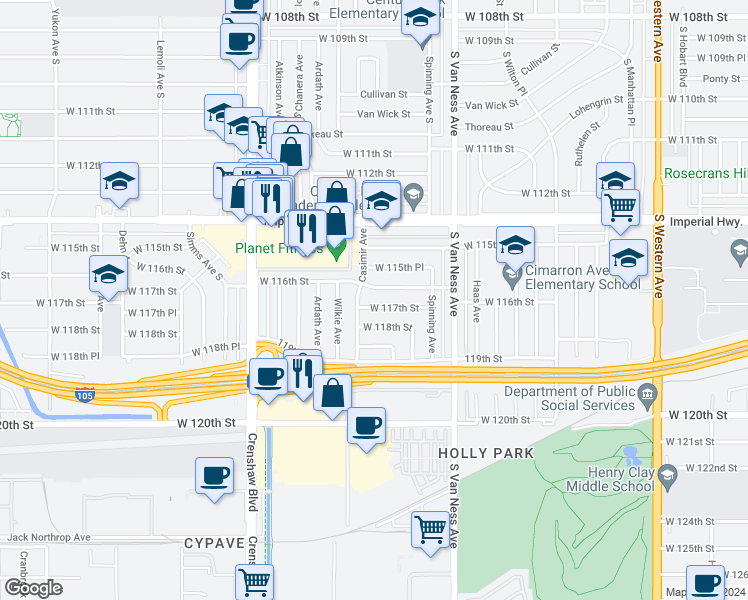 map of restaurants, bars, coffee shops, grocery stores, and more near 2515 West 117th Street in Hawthorne