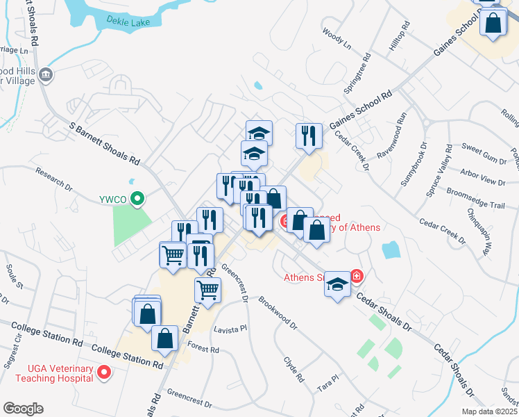 map of restaurants, bars, coffee shops, grocery stores, and more near 987 Gaines School Rd in Athens