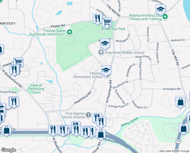 map of restaurants, bars, coffee shops, grocery stores, and more near 2300 Peachford Road in Dunwoody
