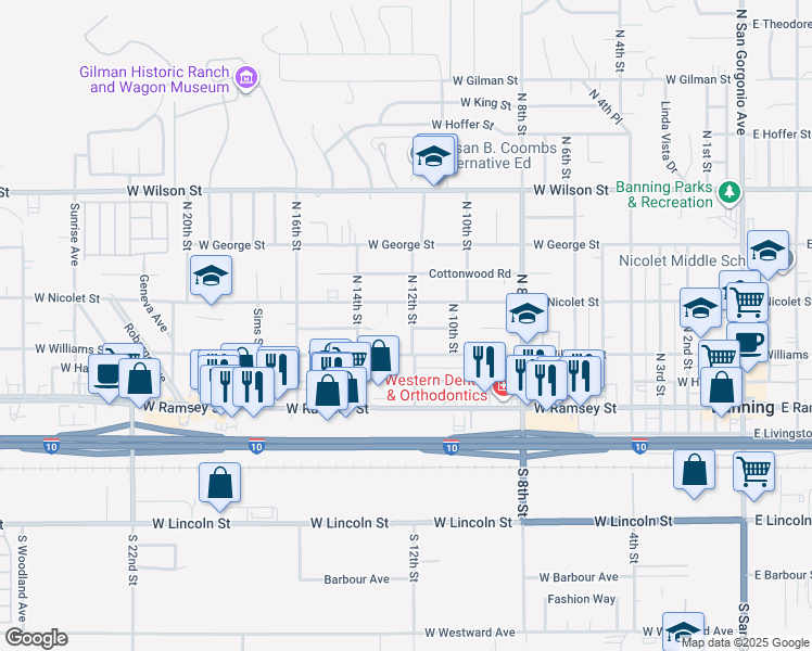map of restaurants, bars, coffee shops, grocery stores, and more near 315 North 12th Street in Banning