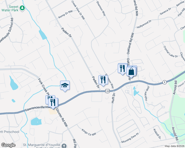 map of restaurants, bars, coffee shops, grocery stores, and more near 366 Paden Drive in Lawrenceville