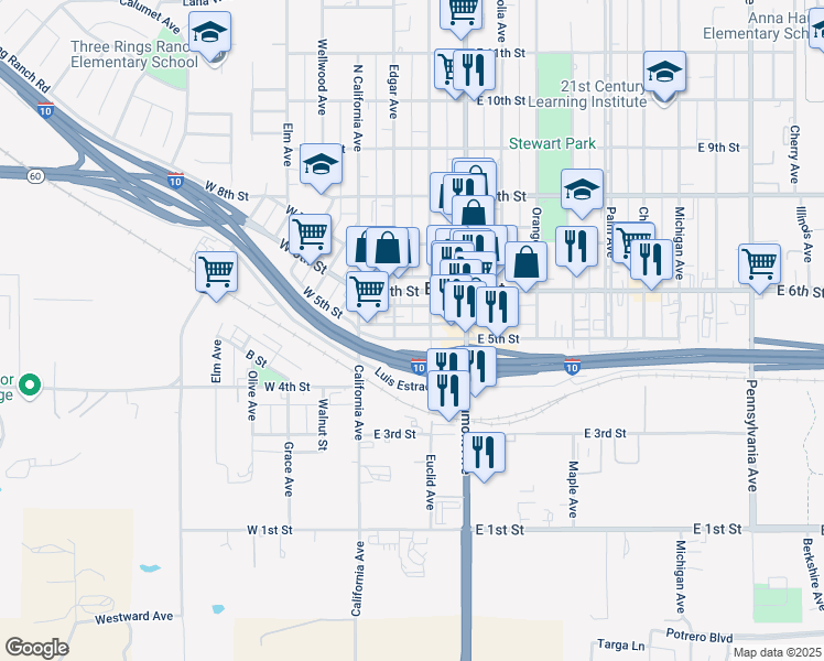 map of restaurants, bars, coffee shops, grocery stores, and more near 258 East 5th Street in Beaumont