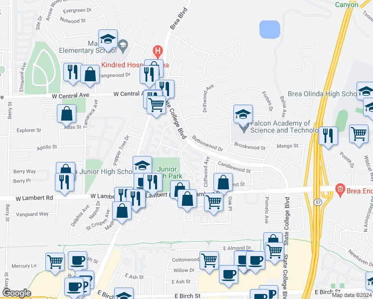 map of restaurants, bars, coffee shops, grocery stores, and more near 311 North State College Boulevard in Brea