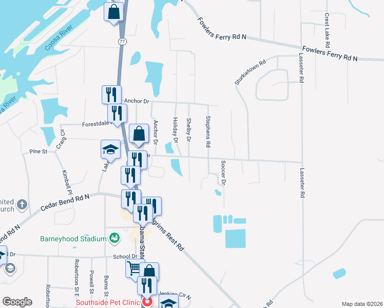map of restaurants, bars, coffee shops, grocery stores, and more near 3270 Hall Drive in Gadsden