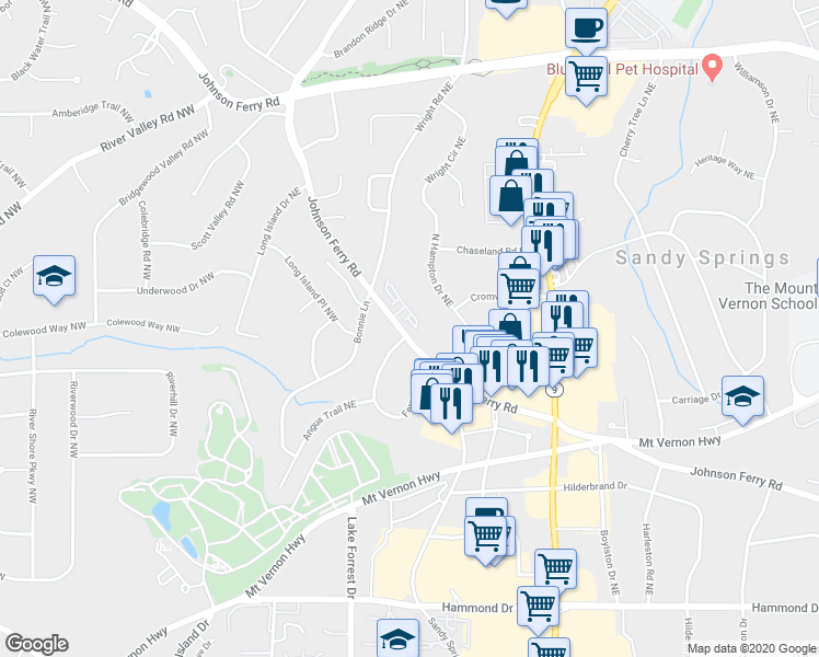 map of restaurants, bars, coffee shops, grocery stores, and more near 75 High Top Lane in Sandy Springs