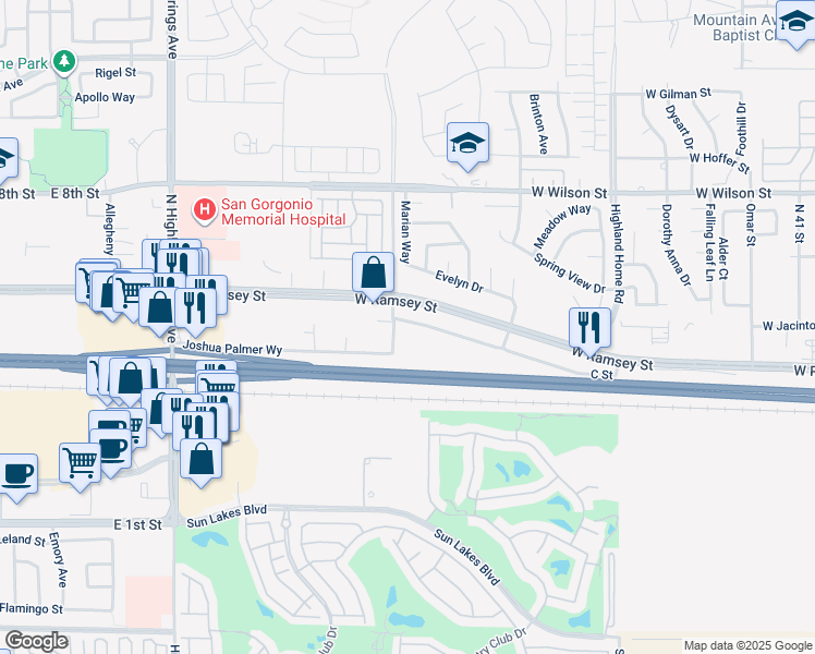 map of restaurants, bars, coffee shops, grocery stores, and more near 5500 C Street in Banning