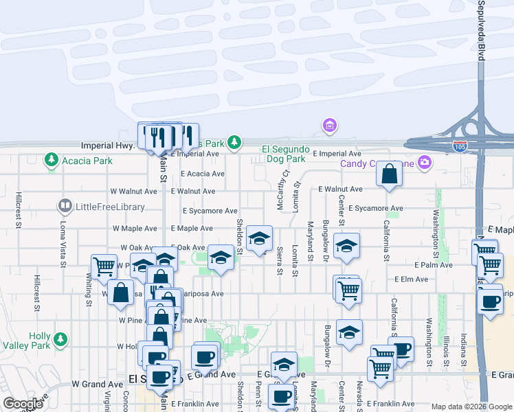 map of restaurants, bars, coffee shops, grocery stores, and more near 839 Penn Street in El Segundo
