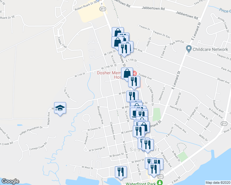 map of restaurants, bars, coffee shops, grocery stores, and more near 228 West 9th Street in Southport