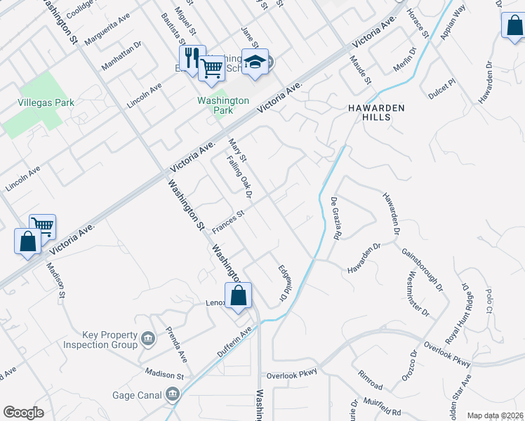 map of restaurants, bars, coffee shops, grocery stores, and more near 2502 Falling Oak Drive in Riverside