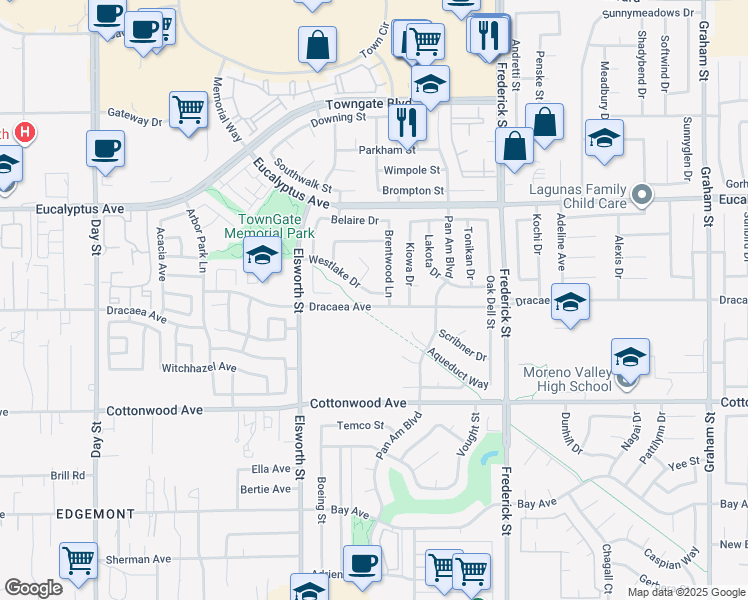 map of restaurants, bars, coffee shops, grocery stores, and more near 22677 Westlake Drive in Moreno Valley