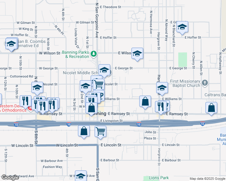 map of restaurants, bars, coffee shops, grocery stores, and more near 314 North Alessandro Street in Banning