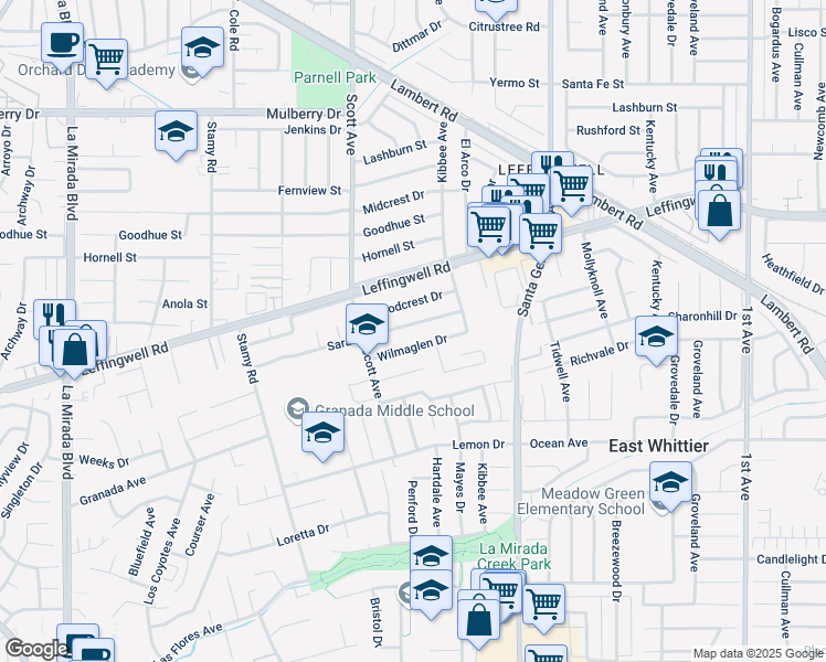 map of restaurants, bars, coffee shops, grocery stores, and more near 15454 Saranac Drive in Whittier