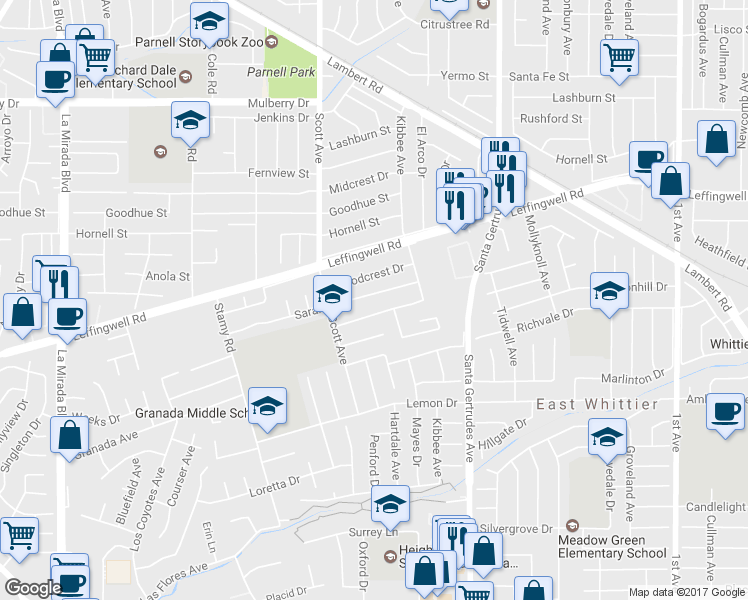 map of restaurants, bars, coffee shops, grocery stores, and more near 15454 Saranac Drive in Whittier