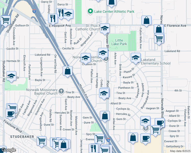 map of restaurants, bars, coffee shops, grocery stores, and more near 11329 Alburtis Avenue in Norwalk
