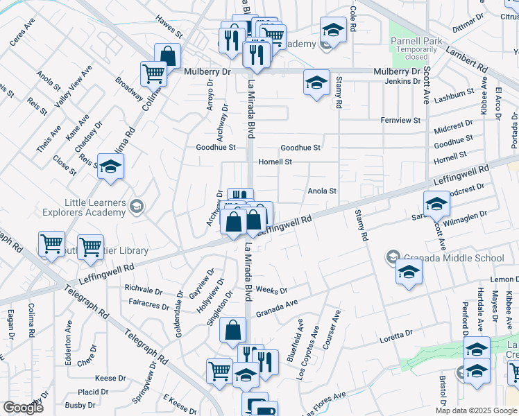 map of restaurants, bars, coffee shops, grocery stores, and more near 11314 La Mirada Boulevard in Whittier