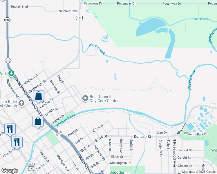 map of restaurants, bars, coffee shops, grocery stores, and more near 242 East Lincoln Street in Wichita Falls