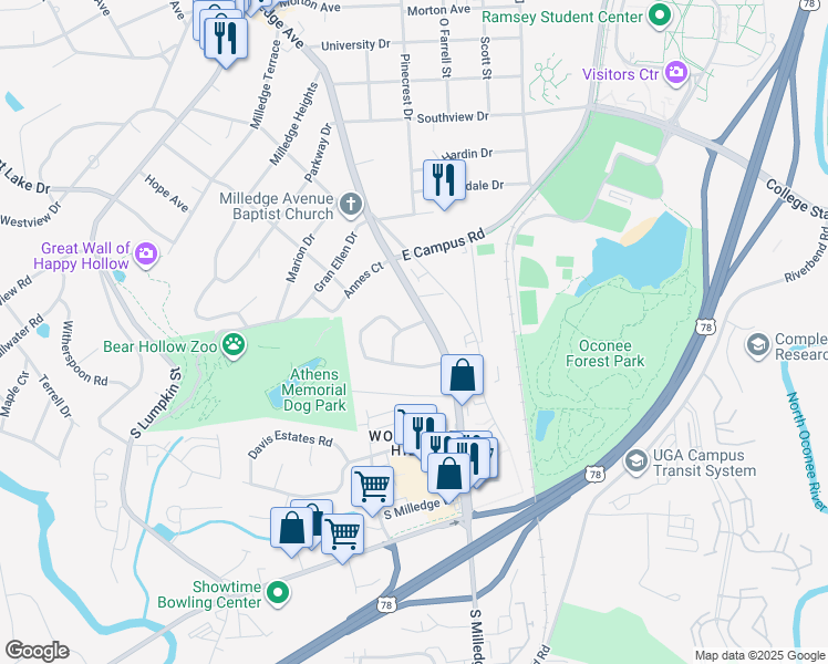 map of restaurants, bars, coffee shops, grocery stores, and more near 180 Habersham Way in Athens