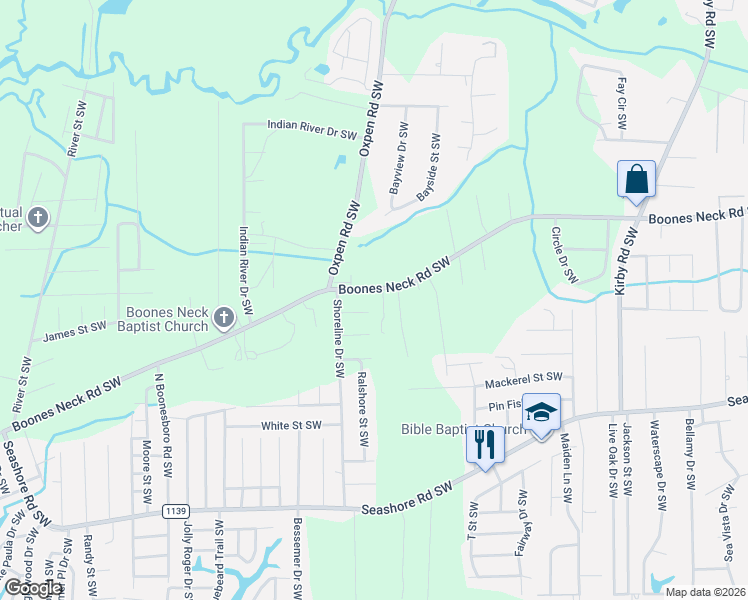 map of restaurants, bars, coffee shops, grocery stores, and more near 2553 Boones Neck Road Southwest in Brunswick County