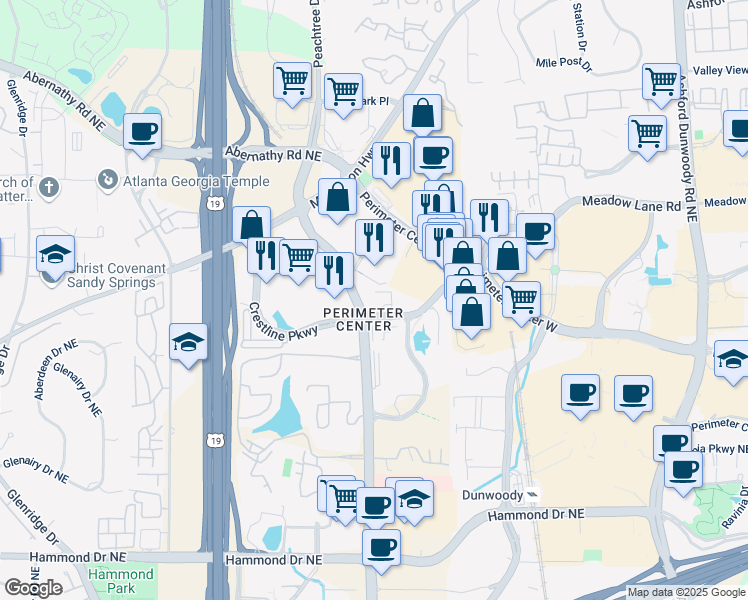 map of restaurants, bars, coffee shops, grocery stores, and more near 9000 Central Parkway West in Atlanta