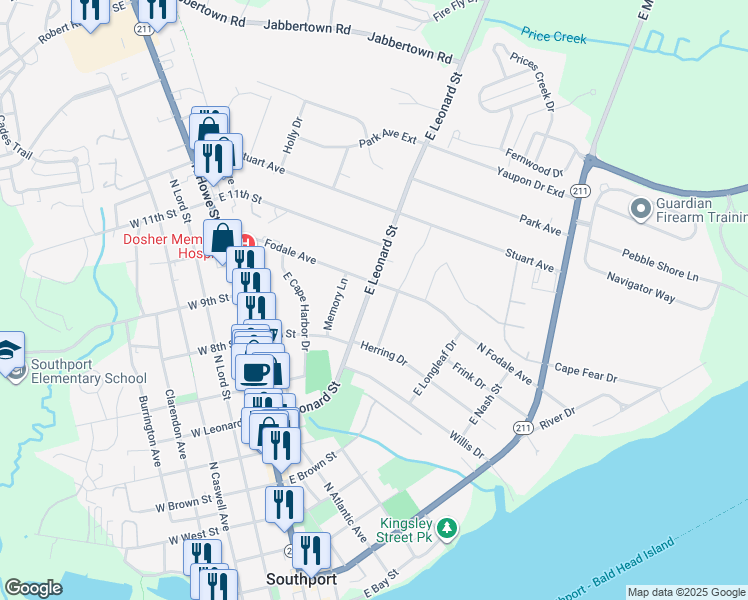 map of restaurants, bars, coffee shops, grocery stores, and more near 419 East Leonard Street in Southport