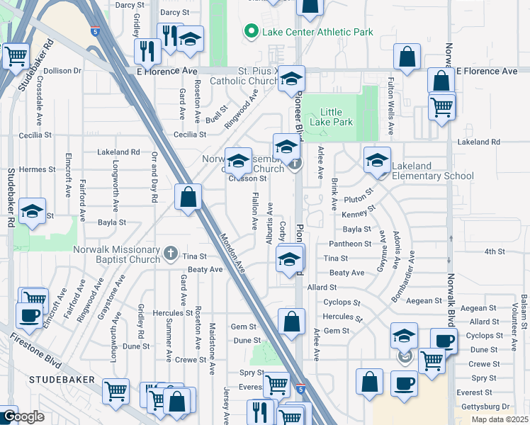 map of restaurants, bars, coffee shops, grocery stores, and more near 11329 Alburtis Avenue in Norwalk