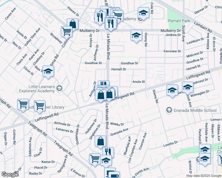 map of restaurants, bars, coffee shops, grocery stores, and more near 11314 La Mirada Boulevard in Whittier