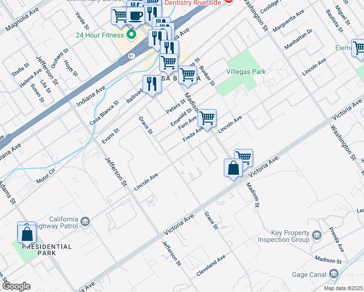 map of restaurants, bars, coffee shops, grocery stores, and more near 7628 Freda Avenue in Riverside