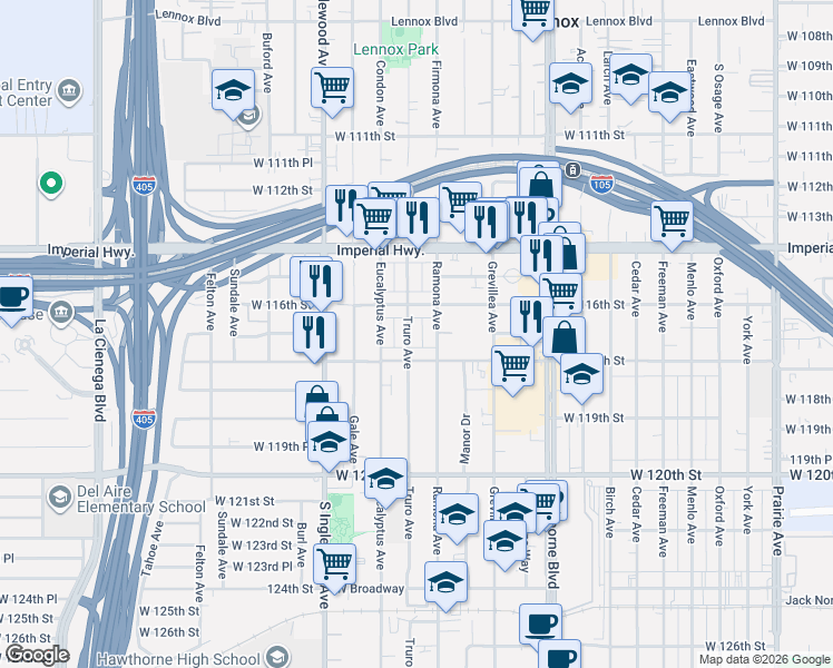 map of restaurants, bars, coffee shops, grocery stores, and more near 11704 Truro Avenue in Hawthorne