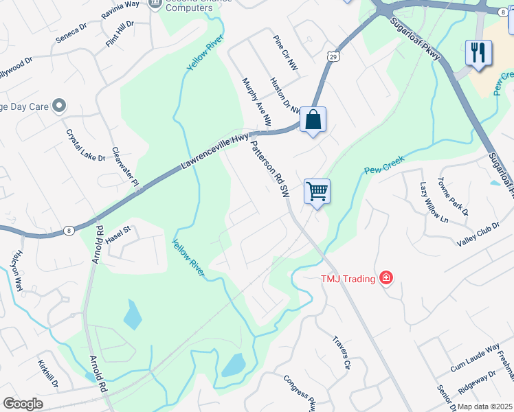 map of restaurants, bars, coffee shops, grocery stores, and more near 59 Braemore Mill Drive in Lawrenceville