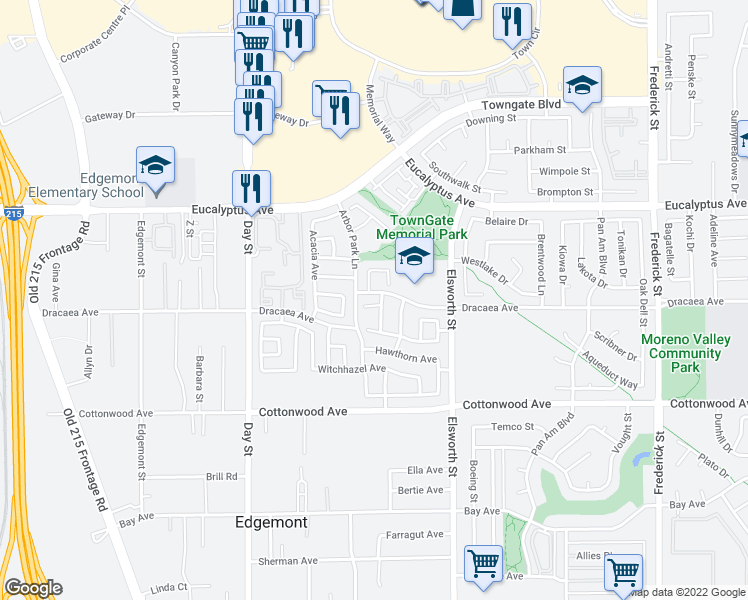 map of restaurants, bars, coffee shops, grocery stores, and more near 22330 Lilac Court in Moreno Valley