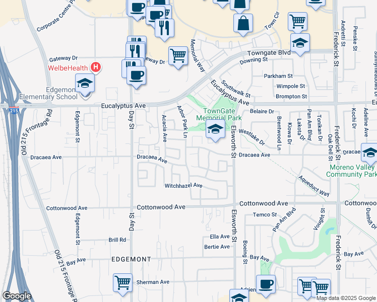 map of restaurants, bars, coffee shops, grocery stores, and more near 22308 Lilac Court in Moreno Valley