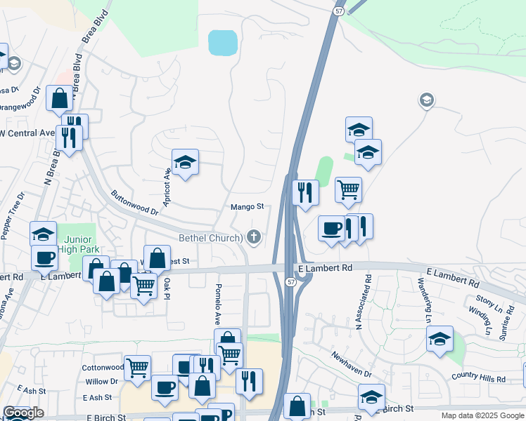 map of restaurants, bars, coffee shops, grocery stores, and more near 880 Mango Street in Brea