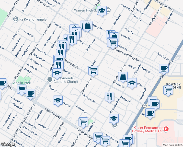 map of restaurants, bars, coffee shops, grocery stores, and more near 12141 Downey Avenue in Downey