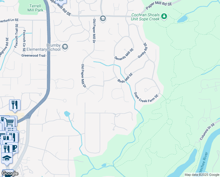 map of restaurants, bars, coffee shops, grocery stores, and more near 3574 Tuckers Farm Southeast in Marietta