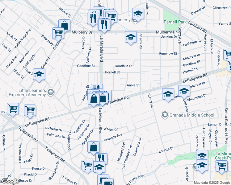 map of restaurants, bars, coffee shops, grocery stores, and more near 15065 Cerecita Drive in Whittier