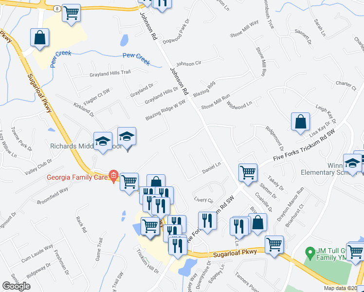 map of restaurants, bars, coffee shops, grocery stores, and more near 1571 Daniel Lane in Lawrenceville