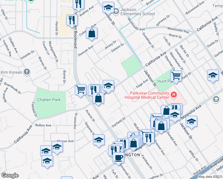 map of restaurants, bars, coffee shops, grocery stores, and more near California Avenue & MacArthur Road in Riverside