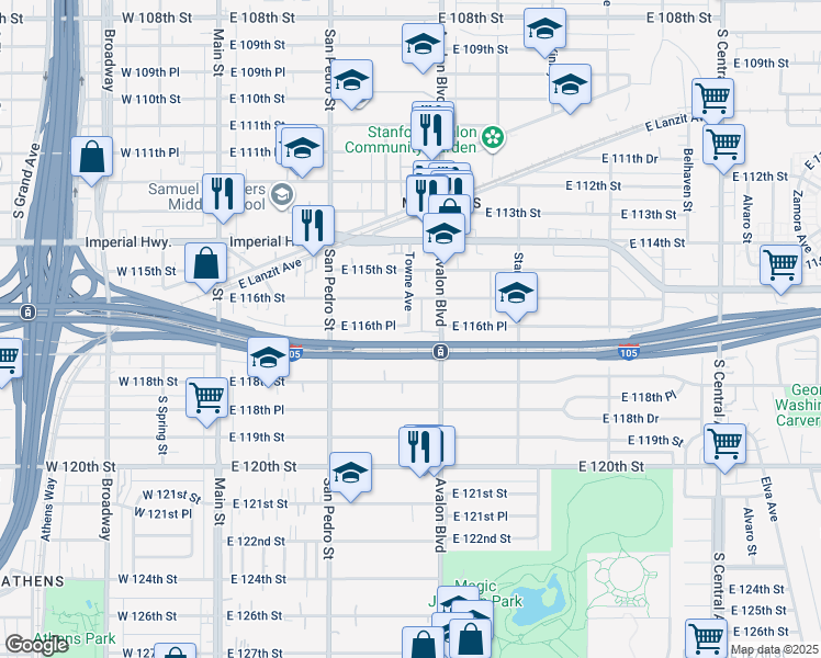 map of restaurants, bars, coffee shops, grocery stores, and more near 11630 Towne Ave in Los Angeles