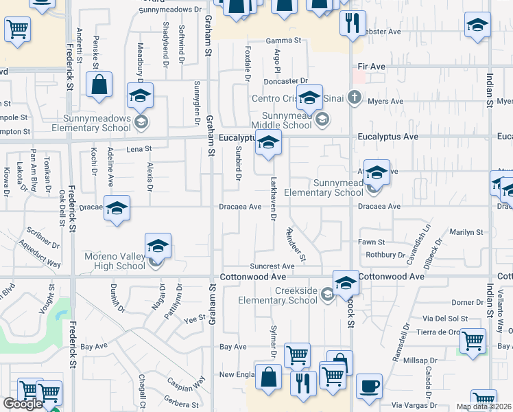 map of restaurants, bars, coffee shops, grocery stores, and more near 23706 Dracaea Avenue in Moreno Valley