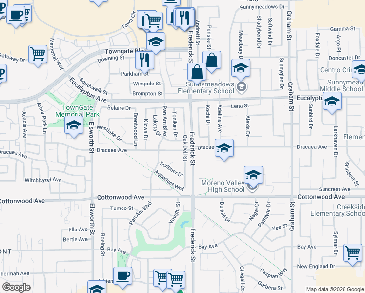 map of restaurants, bars, coffee shops, grocery stores, and more near 13239 Lakota Drive in Moreno Valley
