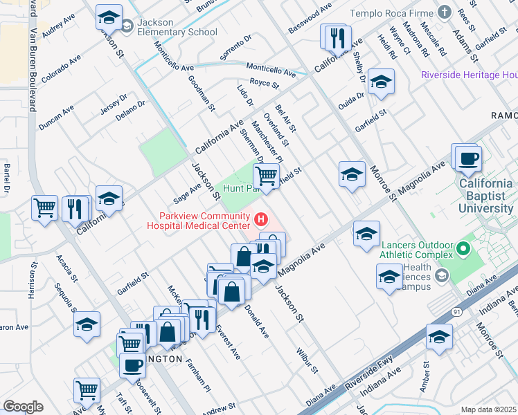 map of restaurants, bars, coffee shops, grocery stores, and more near 8990 Garfield Street in Riverside