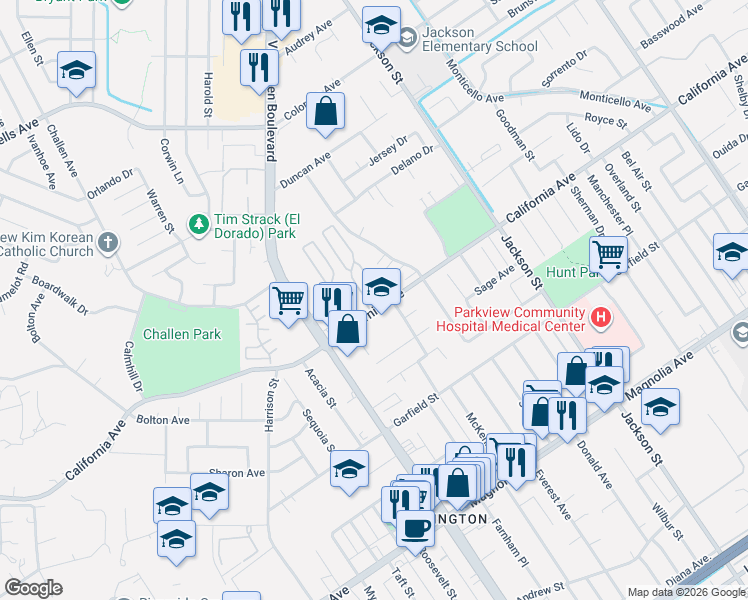 map of restaurants, bars, coffee shops, grocery stores, and more near 9405 California Avenue in Riverside