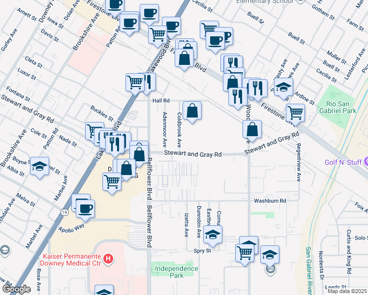map of restaurants, bars, coffee shops, grocery stores, and more near 11756 Coldbrook Avenue in Downey