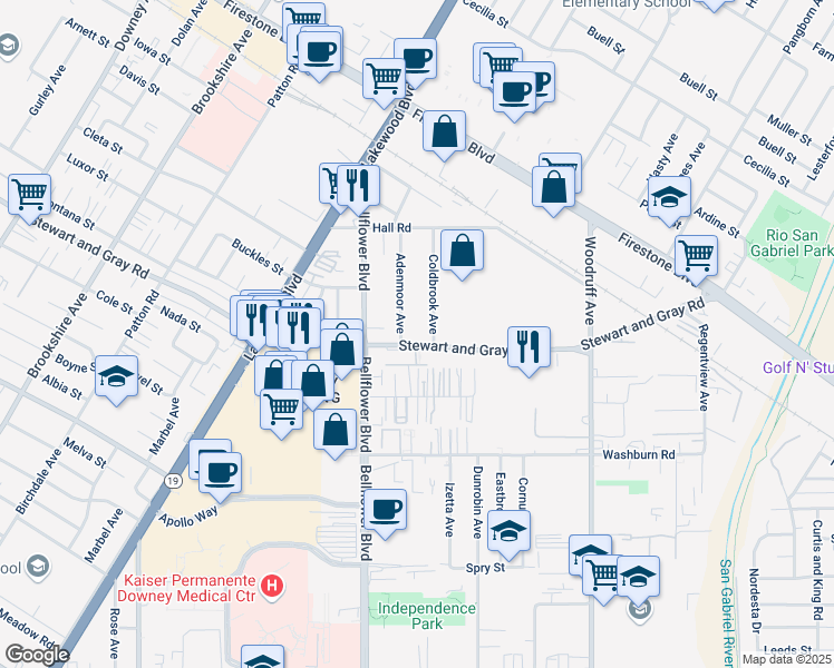 map of restaurants, bars, coffee shops, grocery stores, and more near 11744 Adenmoor Avenue in Downey