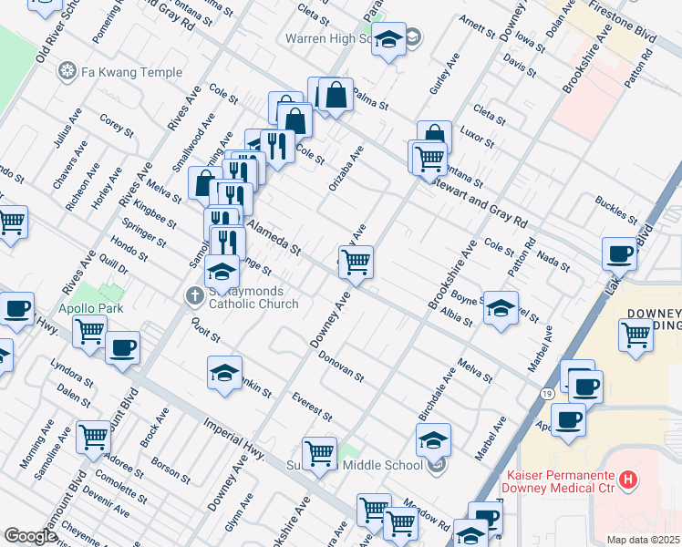 map of restaurants, bars, coffee shops, grocery stores, and more near 8215 Alameda Street in Downey