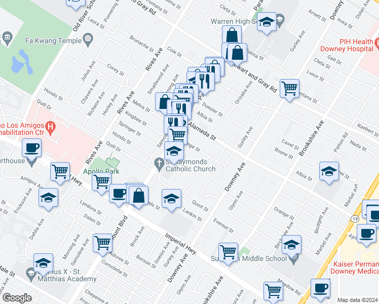 map of restaurants, bars, coffee shops, grocery stores, and more near 12256 Paramount Boulevard in Downey