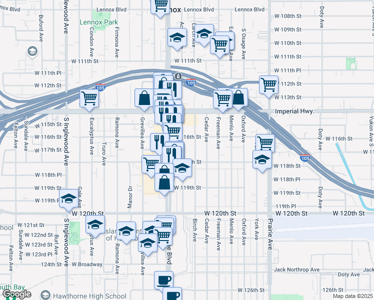map of restaurants, bars, coffee shops, grocery stores, and more near 11625 Acacia Avenue in Hawthorne