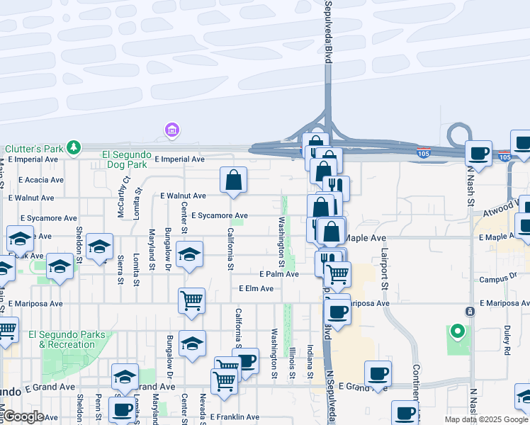 map of restaurants, bars, coffee shops, grocery stores, and more near 843 Washington Street in El Segundo